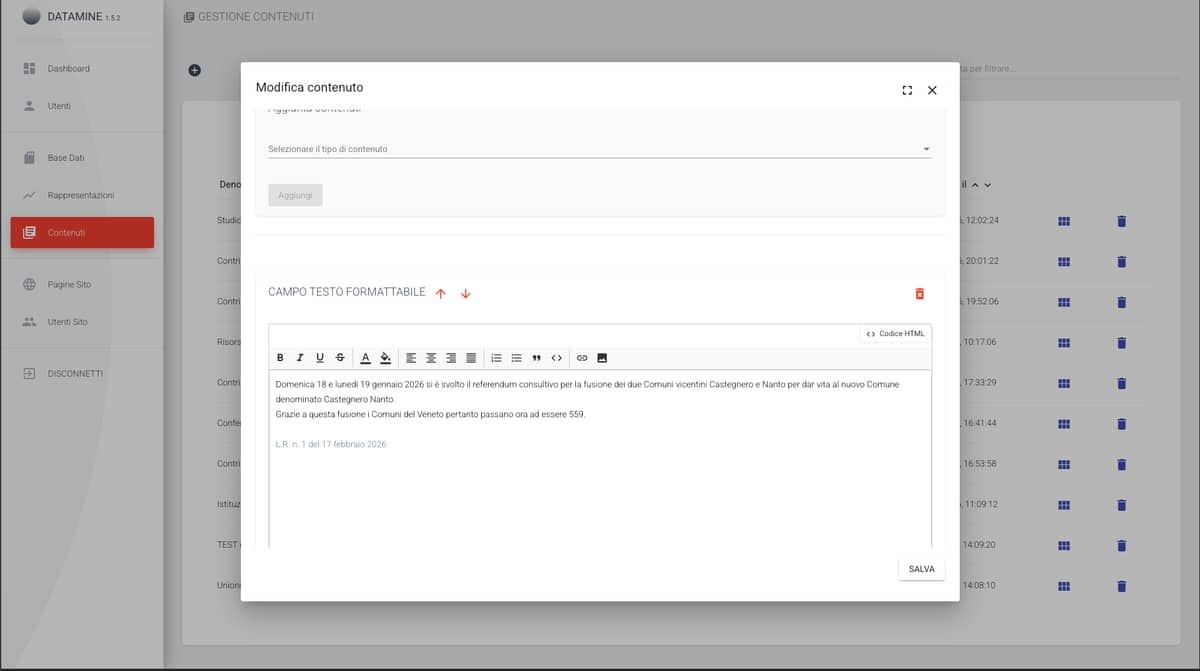 Editor dei contenuti — versione attuale